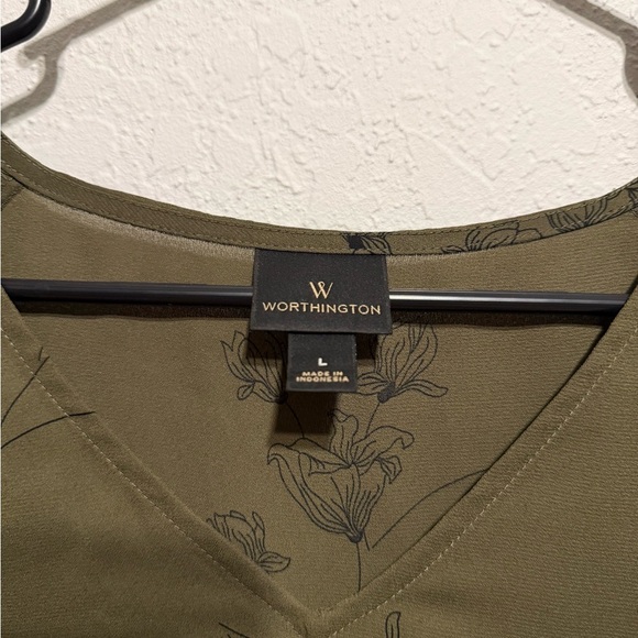 Worthington Olive Green Floral Ruffle Sleeve V-Neck Blouse Women’s Size Large - Picture 2 of 10